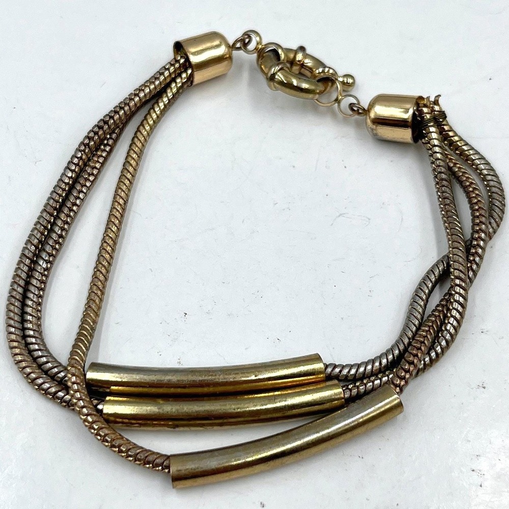 Vintage‎ Gold Tone Multi Strand Snake Chain Bracelet Triple Tube Slide Statement